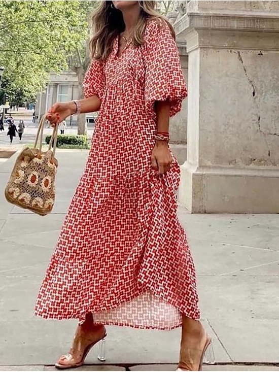 Dresses & Skirts - Boho Red & White Geometric Print Half-Sleeve Tiered Maxi Dress